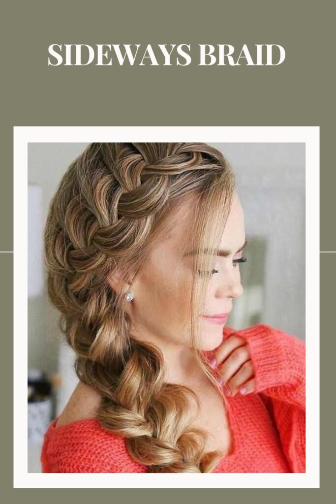 Woman in orange sweater and Sideways Braid hairstyle - hairstyles for women