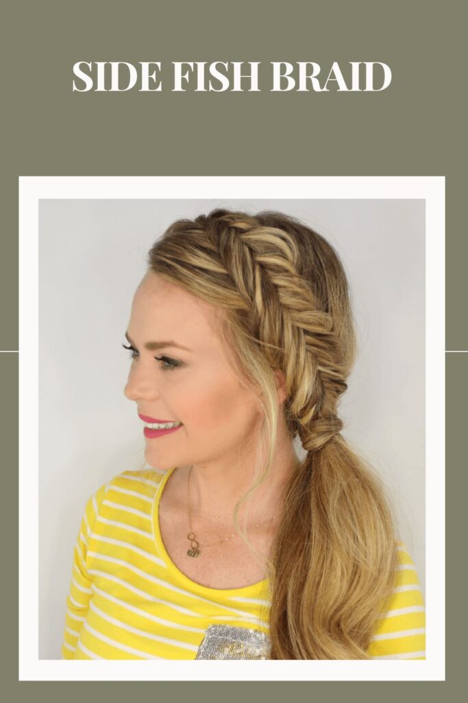Smiling woman in white and yellow lining top with Side Fish Braid hairstyle - hairstyles for women short hair