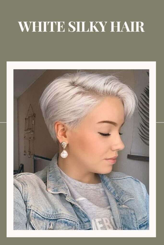 Woman in blue denim jacket with grey t-shirt and White Silky Hair - hairstyles for women with thin hair