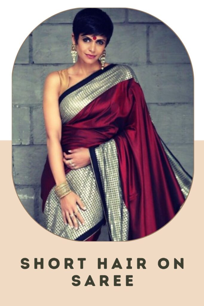 Woman in maroon sari with long earrings and Messy Pixie hairstyle - short hairstyles for women