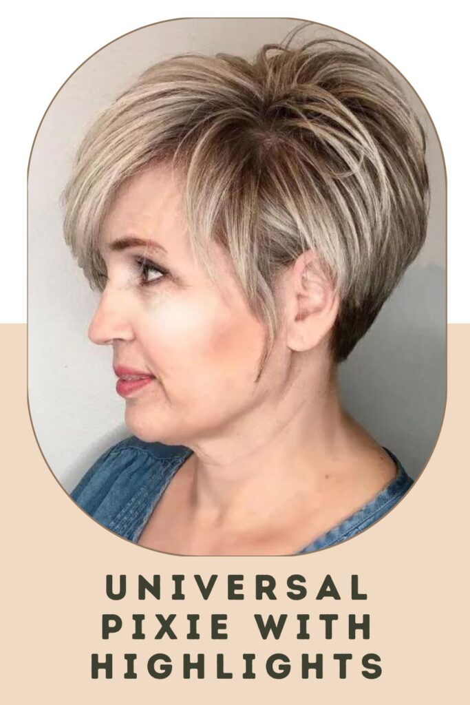 Woman in blue round neck top and Universal Pixie with Highlights hairstyle - short hairstyles for women 2022
