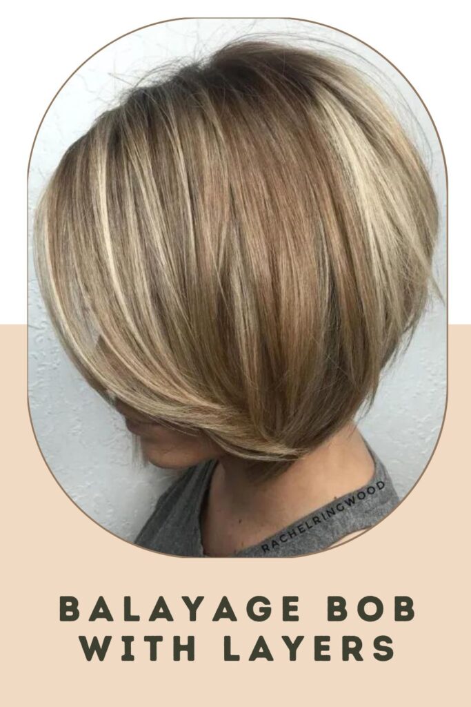 Woman in grey tank top showing the side view of her Balayage Bob with Layers hairstyle - short hair up ideas