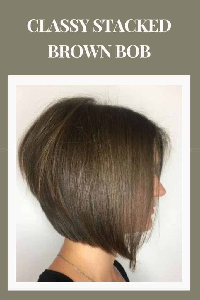 Woman in black t-shirt showing the side view of her Classy Stacked Brown Bob hairstyle - bob cut for woman