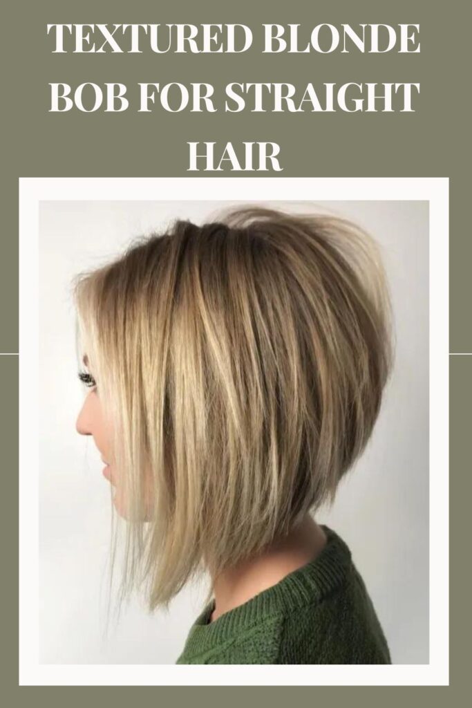Woman in green pullover showing the side view of her Textured Blonde Bob for Straight Hair - bob cut for woman