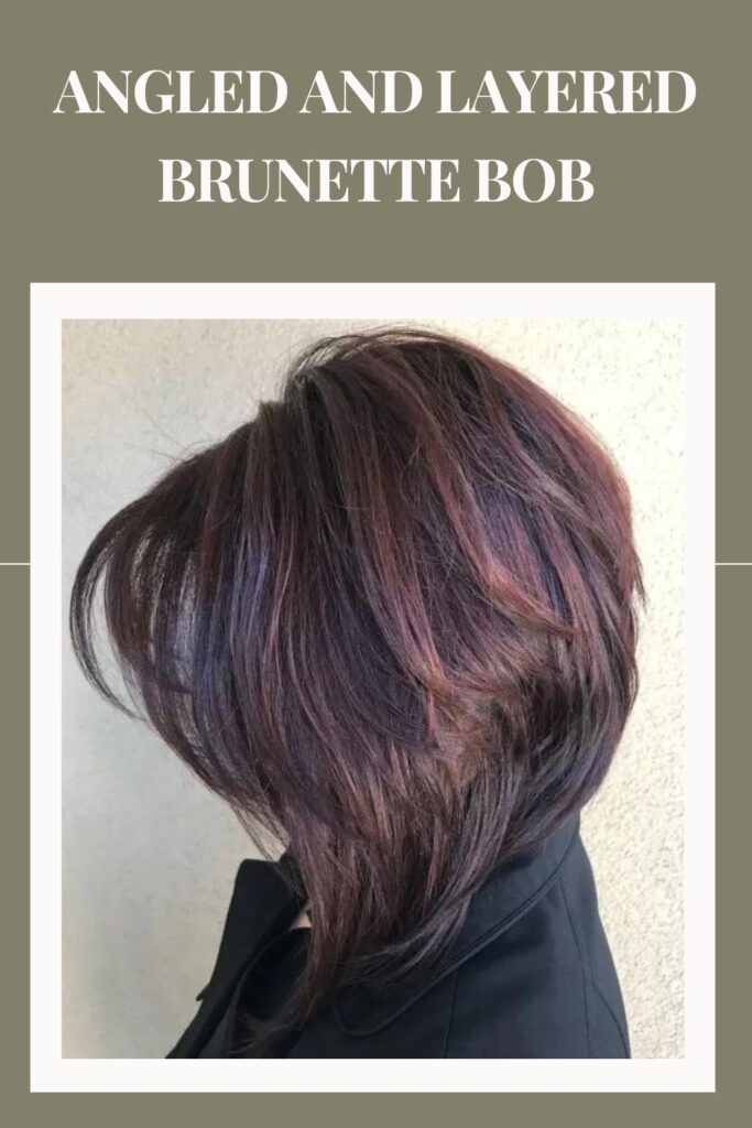 Woman in black jacket showing the side view of her Angled and Layered Brunette Bob hairstyle - A line bob haircut