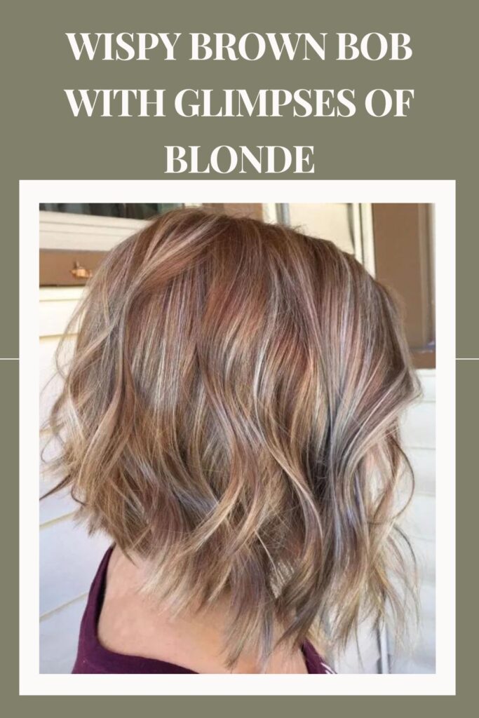 Woman in maroon round neck top showing the side view of her Wispy Brown Bob with Glimpses of Blonde hairstyle - A line bob 2022