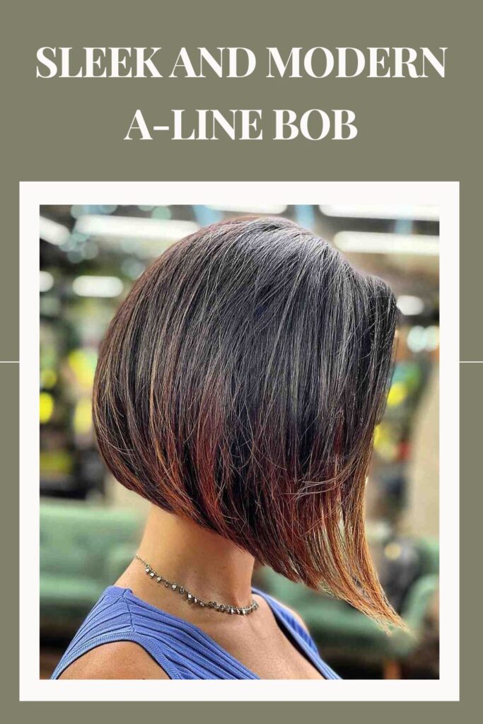 Frau in blau geschnittenem Ärmeloberteil und glattem und modernem A-Linien-Bob-Haarschnitt - Langer Bob-Haarschnitt