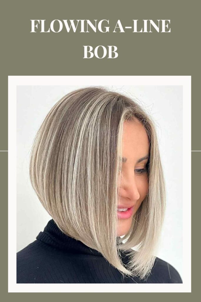 Smiling woman in black high neck top and Flowing A-Line Bob hairstyle - A-Line bob