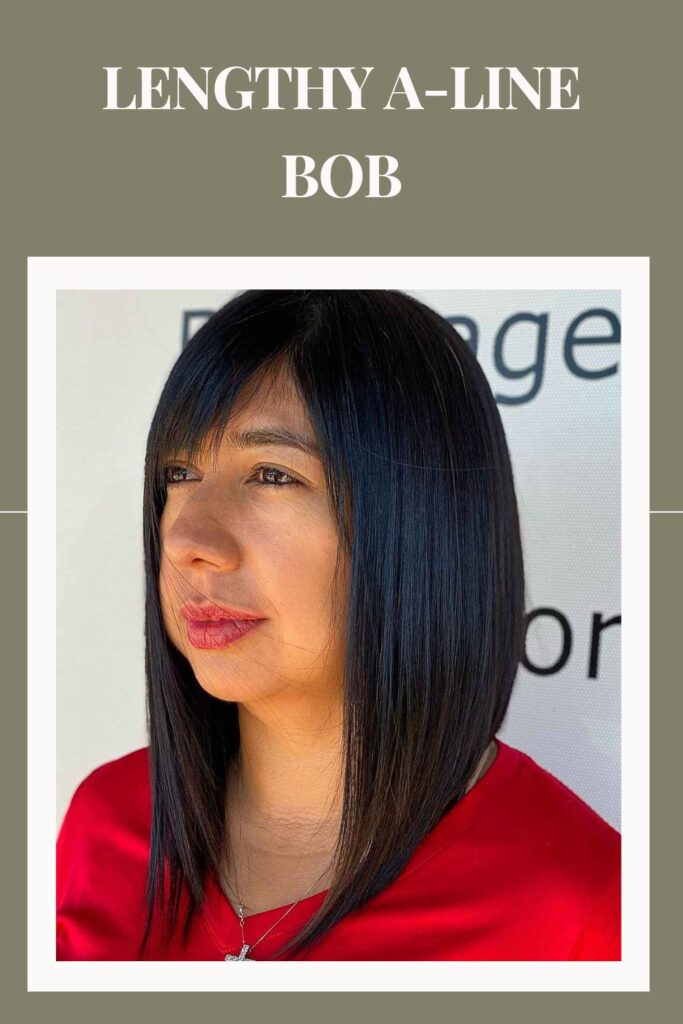 A woman in red top and Lengthy A-Line Bob hairstyle - bob cut for ladies