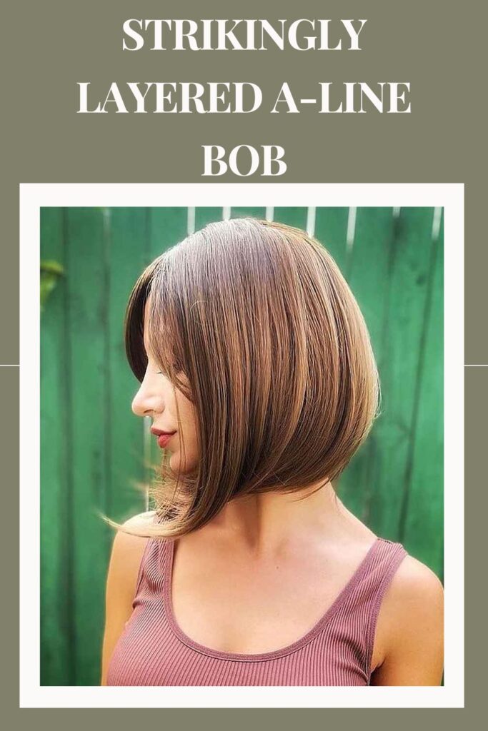 A woman in pink tank top and Strikingly Layered A-Line Bob hairstyle - A line bob 2022