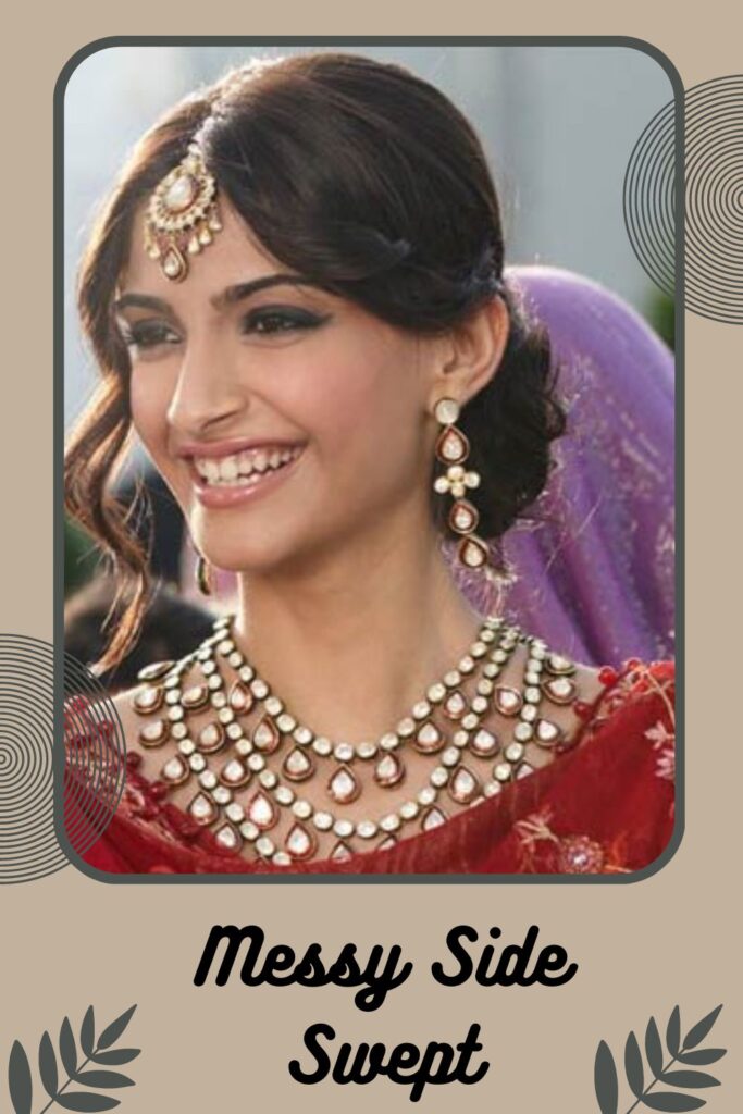 Smiling woman in red dress with silver jewellery and Messy Side Swept hairstyle Smiling woman in red dress with silver jewellery and Messy Side Swept hairstyle - best Indian bridal hairstyles for short hair