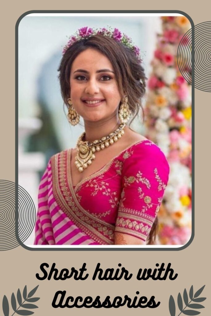 Woman in pink traditional dress and golden jewellery with Short hair with Accessories Woman in pink traditional dress and golden jewellery with Short hair with Accessories - Indian bridal hairstyles for saree