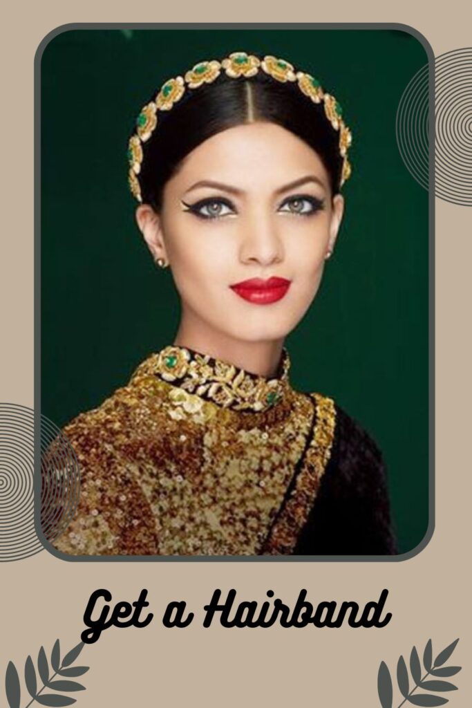 Woman in brow saree with heavy golden blouse and hairband - wedding hairstyles for very short hair