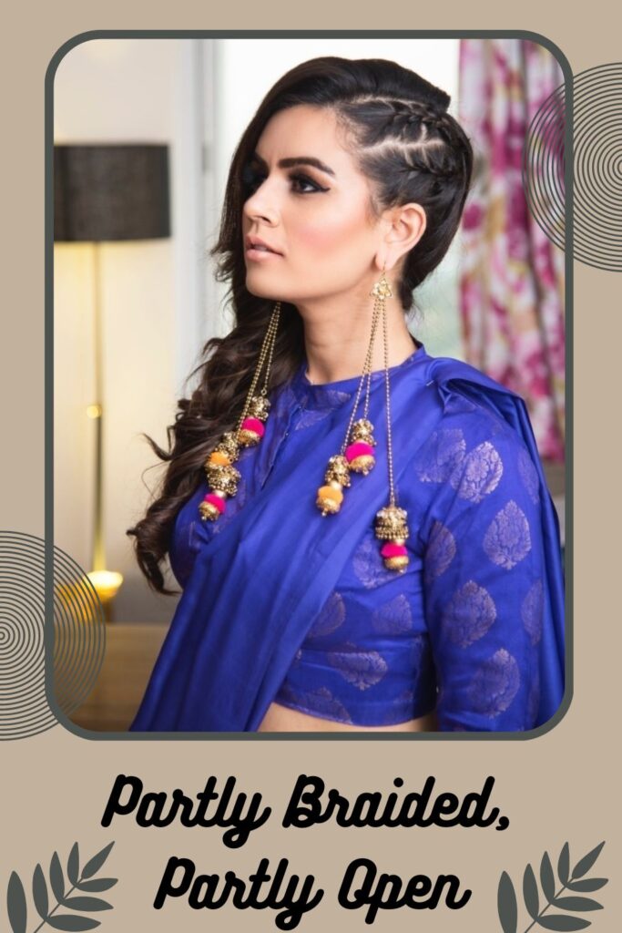 Woman in blue dress and long earrings and Partly braided, partly open Woman in blue dress and long earrings and Partly braided, partly open - Indian braid hairstyles for short hair