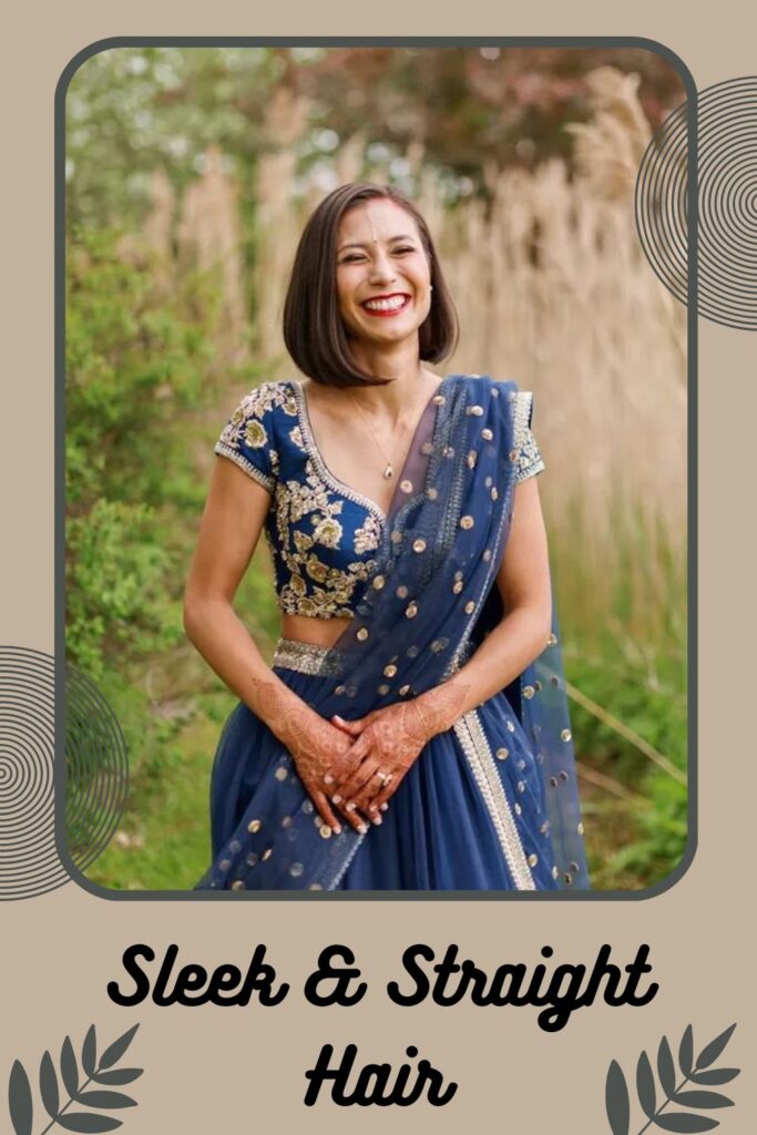 Smiling woman in blue lehenga and Sleek & straight hair Smiling woman in blue lehenga and Sleek & straight hair - Indian hairstyle for short hair for wedding