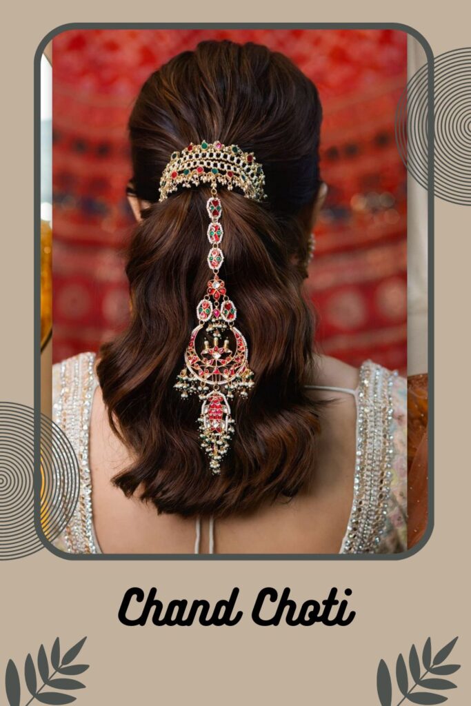 Woman in pink lehenga showing the back view of her Chand Choti - best hairstyles for Indian hair