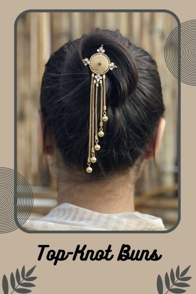 Woman showing the back view of her Top-knot bun - Indian braid hairstyles for short hair