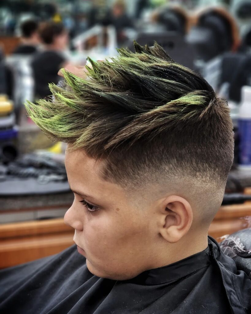 A boy in white t-shirt and Striped Up Spike hairstyle Strip Up Spiked Top